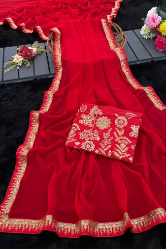 red embroidered georgette saree with blouse