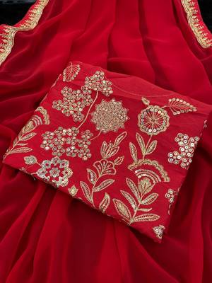 red embroidered georgette saree with blouse 4