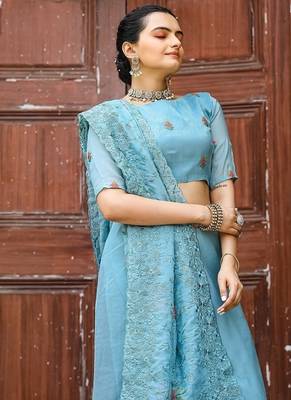 Blue Color Pure Shiny Chiffon Embroidered Saree  1