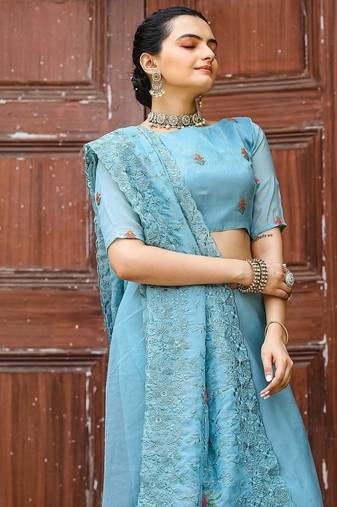 Blue Color Pure Shiny Chiffon Embroidered Saree 