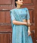 Blue Color Pure Shiny Chiffon Embroidered Saree 