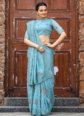 Blue Color Pure Shiny Chiffon Embroidered Saree  2