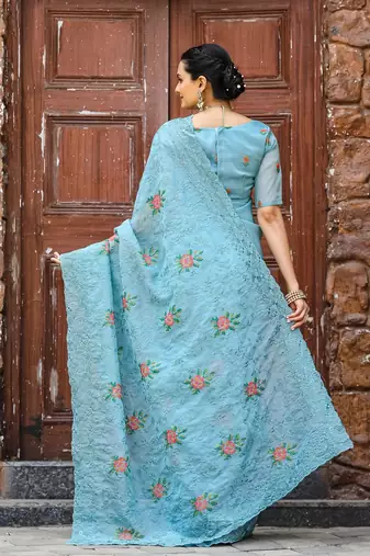 Blue Color Pure Shiny Chiffon Embroidered Saree 