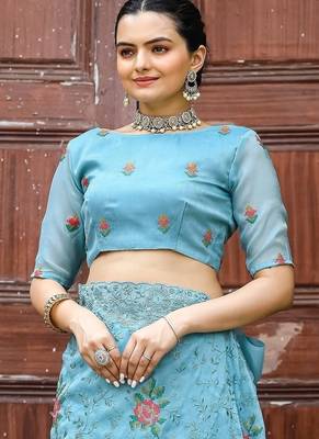 Blue Color Pure Shiny Chiffon Embroidered Saree  4