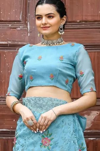 Blue Color Pure Shiny Chiffon Embroidered Saree 