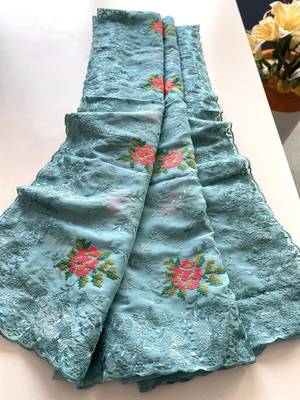 Blue Color Pure Shiny Chiffon Embroidered Saree  5