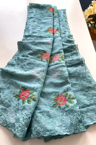 Blue Color Pure Shiny Chiffon Embroidered Saree 
