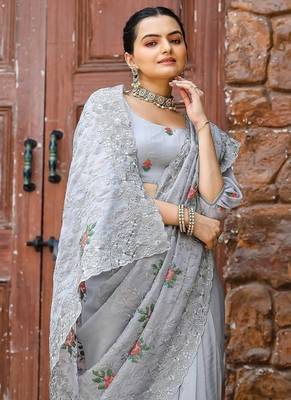 Grey Color Pure Shiny Chiffon Embroidered Saree  1