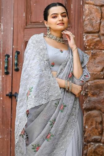 Grey Color Pure Shiny Chiffon Embroidered Saree 
