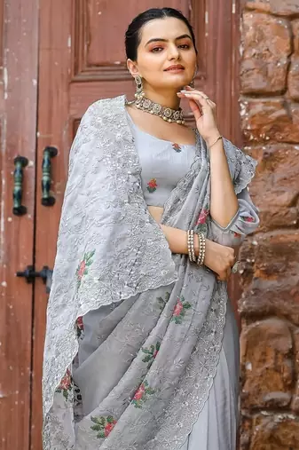 Grey Color Pure Shiny Chiffon Embroidered Saree 