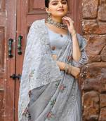 Grey Color Pure Shiny Chiffon Embroidered Saree 