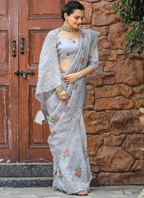 Grey Color Pure Shiny Chiffon Embroidered Saree  3