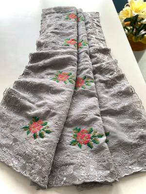 Grey Color Pure Shiny Chiffon Embroidered Saree  4