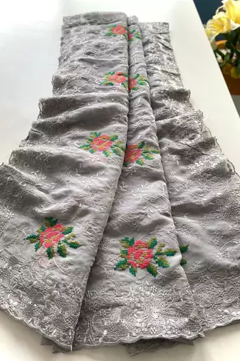 Grey Color Pure Shiny Chiffon Embroidered Saree 