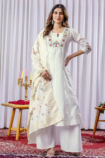 White Designer Straight Kurti Plazza  Dupatta Set With Embroidery And Hand Work