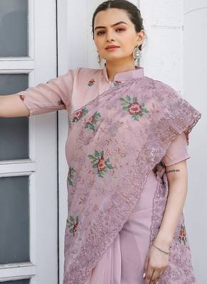 Light Pink Color Pure Shiny Chiffon Embroidered Saree  1