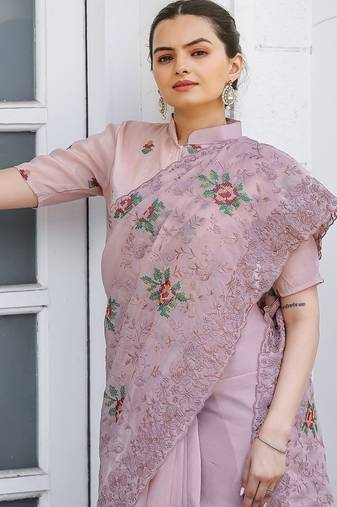Light Pink Color Pure Shiny Chiffon Embroidered Saree 