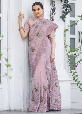 Light Pink Color Pure Shiny Chiffon Embroidered Saree  2