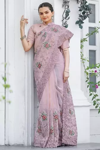 Light Pink Color Pure Shiny Chiffon Embroidered Saree 