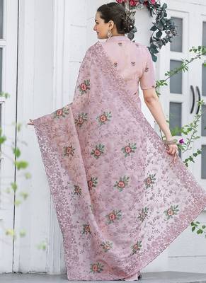 Light Pink Color Pure Shiny Chiffon Embroidered Saree  4