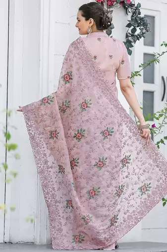 Light Pink Color Pure Shiny Chiffon Embroidered Saree 