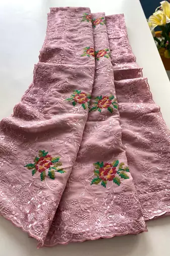 Light Pink Color Pure Shiny Chiffon Embroidered Saree 