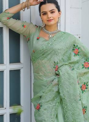 Light Green Color Pure Shiny Chiffon Embroidered Saree  1