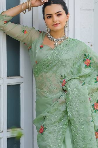 Light Green Color Pure Shiny Chiffon Embroidered Saree 