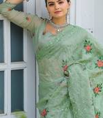 Light Green Color Pure Shiny Chiffon Embroidered Saree 