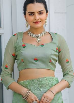 Light Green Color Pure Shiny Chiffon Embroidered Saree  2