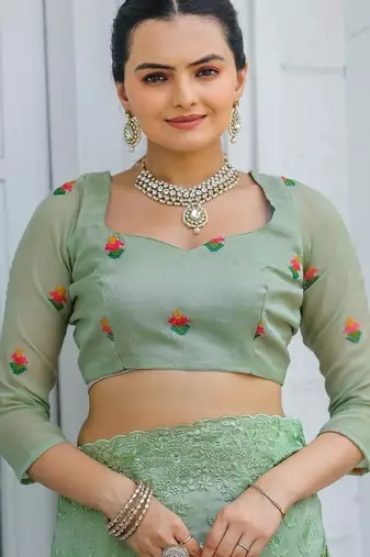 Light Green Color Pure Shiny Chiffon Embroidered Saree 