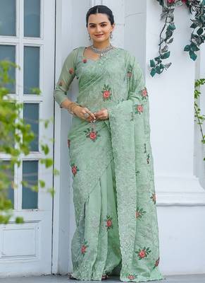 Light Green Color Pure Shiny Chiffon Embroidered Saree  3