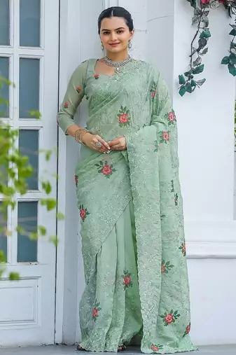 Light Green Color Pure Shiny Chiffon Embroidered Saree 