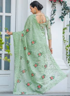 Light Green Color Pure Shiny Chiffon Embroidered Saree  4