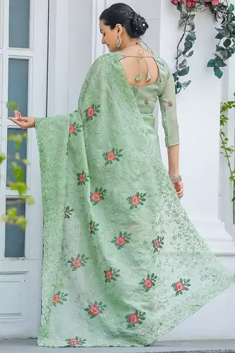 Light Green Color Pure Shiny Chiffon Embroidered Saree 