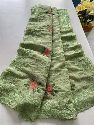 Light Green Color Pure Shiny Chiffon Embroidered Saree  5