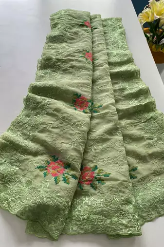 Light Green Color Pure Shiny Chiffon Embroidered Saree 