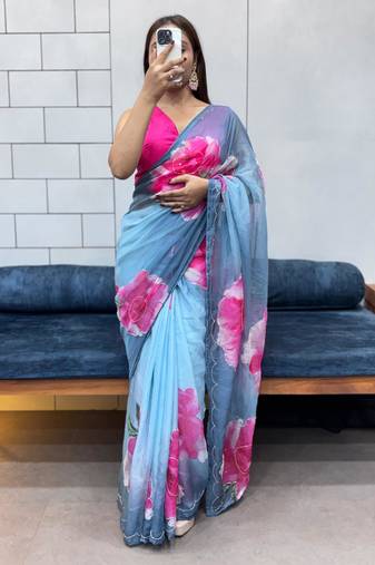 grey printed organza saree with blouse 
