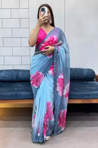 grey printed organza saree with blouse 