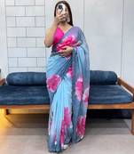 grey printed organza saree with blouse 
