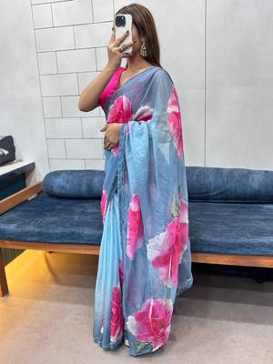 grey printed organza saree with blouse  2
