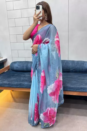 grey printed organza saree with blouse 