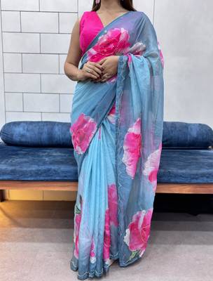 grey printed organza saree with blouse  3