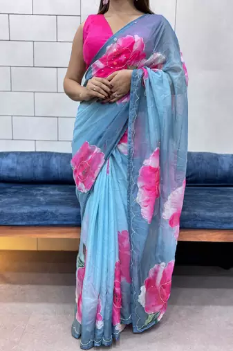 grey printed organza saree with blouse 
