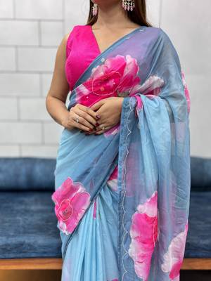 grey printed organza saree with blouse  4