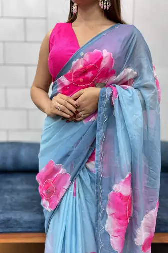 grey printed organza saree with blouse 