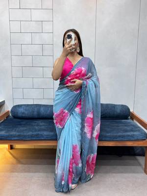 grey printed organza saree with blouse  5