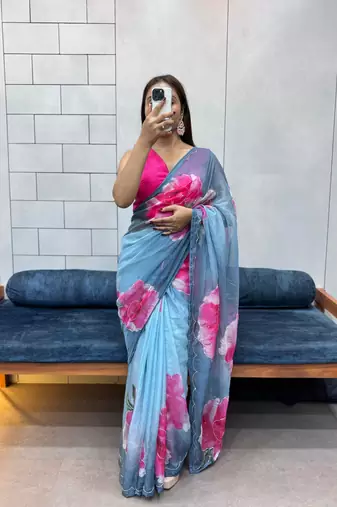 grey printed organza saree with blouse 