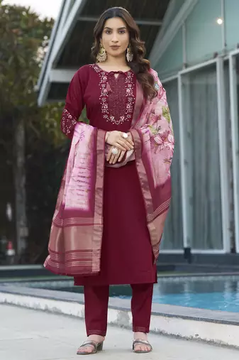 Maroon Designer Straight Kurti Pant Dupatta Set With Embroidery And Hand Work 