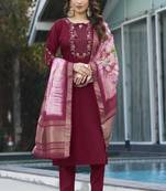 Maroon Designer Straight Kurti Pant Dupatta Set With Embroidery And Hand Work 